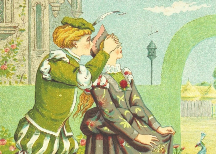 man in green and brown dress holding a woman in red dress painting