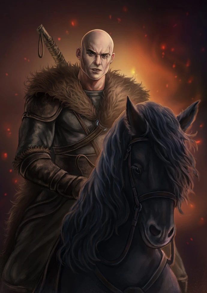 Le mercenaire balafré, aussi appelé le Sanguinaire avec son cheval Fléau
