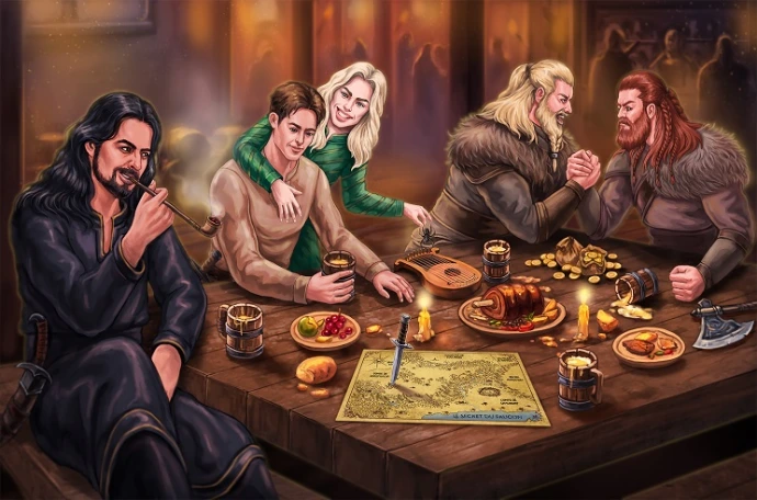 Scène de taverne avec les personnages : guerriers, chevalier, ménestrel