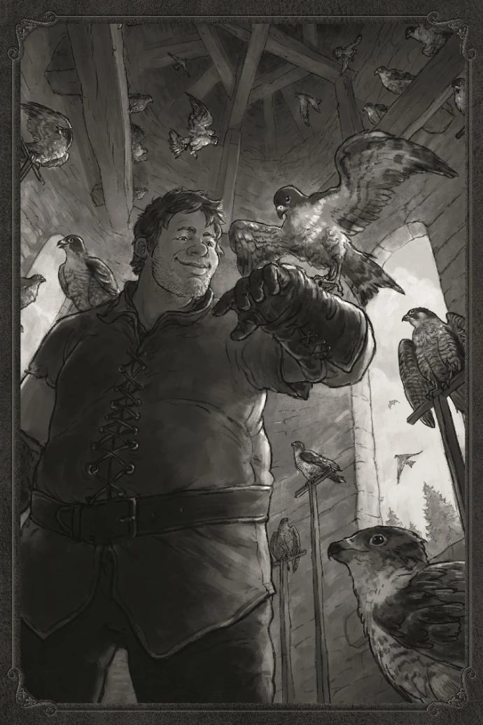 Clodomir, le fauconnier, avec les faucons